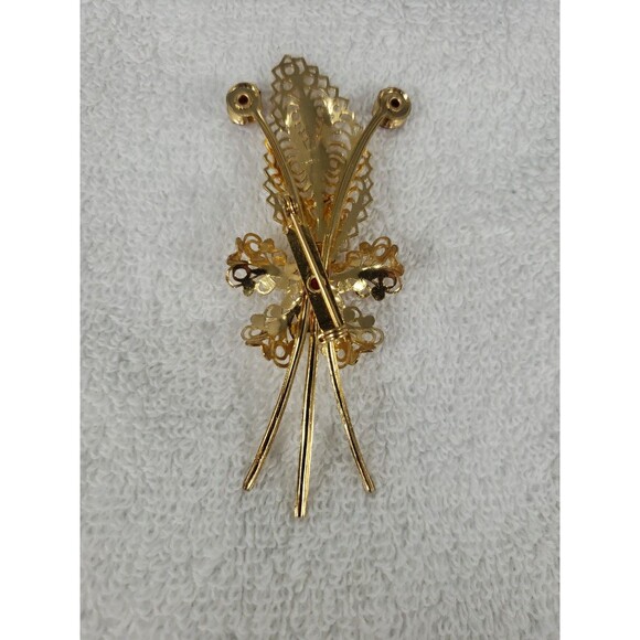 Vintage Gold Filigree Flower Pin Brooch Red Faux Ruby Stones Beautiful 3.5" - Picture 10 of 14